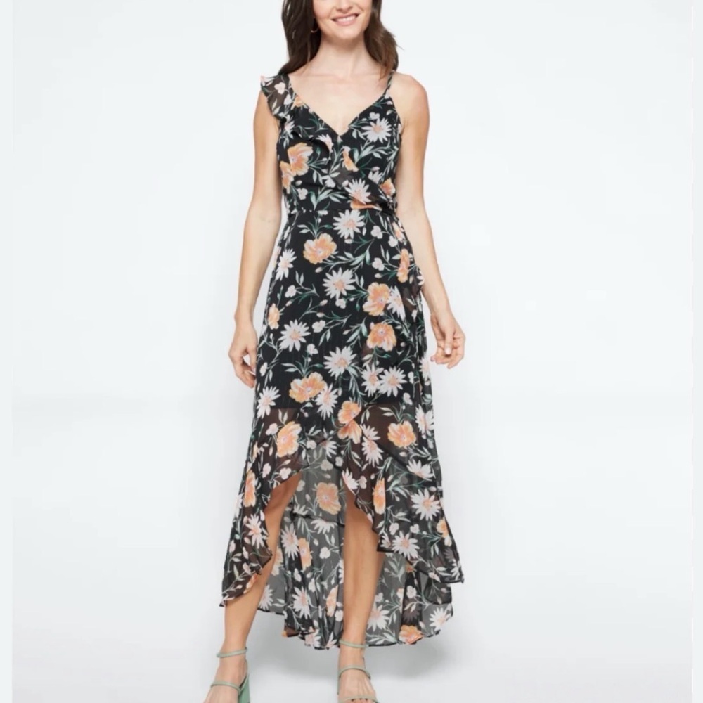 The General Good Black Floral Ruffle High Low Wrap Maxi Dress Sz Medium